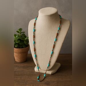 Womens Turquoise Brown Extra Long Beaded Rope Lariat Necklace Western Boho Rodeo